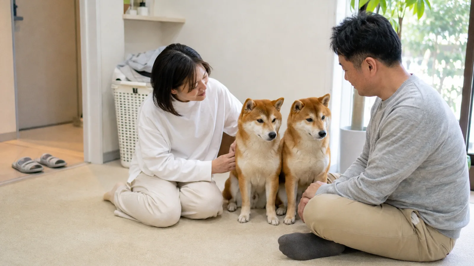 床に並んで座る、よく似た赤毛の柴犬2頭と、両側に座る女性と男性