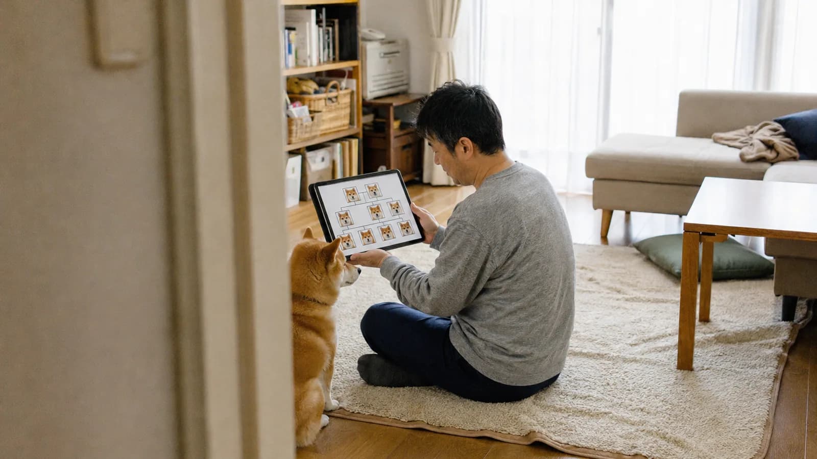 タブレットの画面に並ぶ犬の顔写真を線でつないだ家系の図を見る男性と、隣に座る赤毛の柴犬