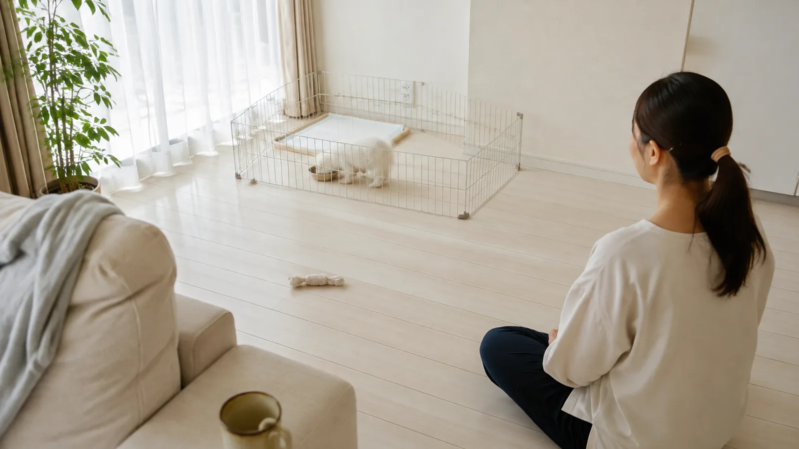 サークルの中で浅い器からごはんを食べる白い子犬と、少し離れた床に座って見守る女性の後ろ姿