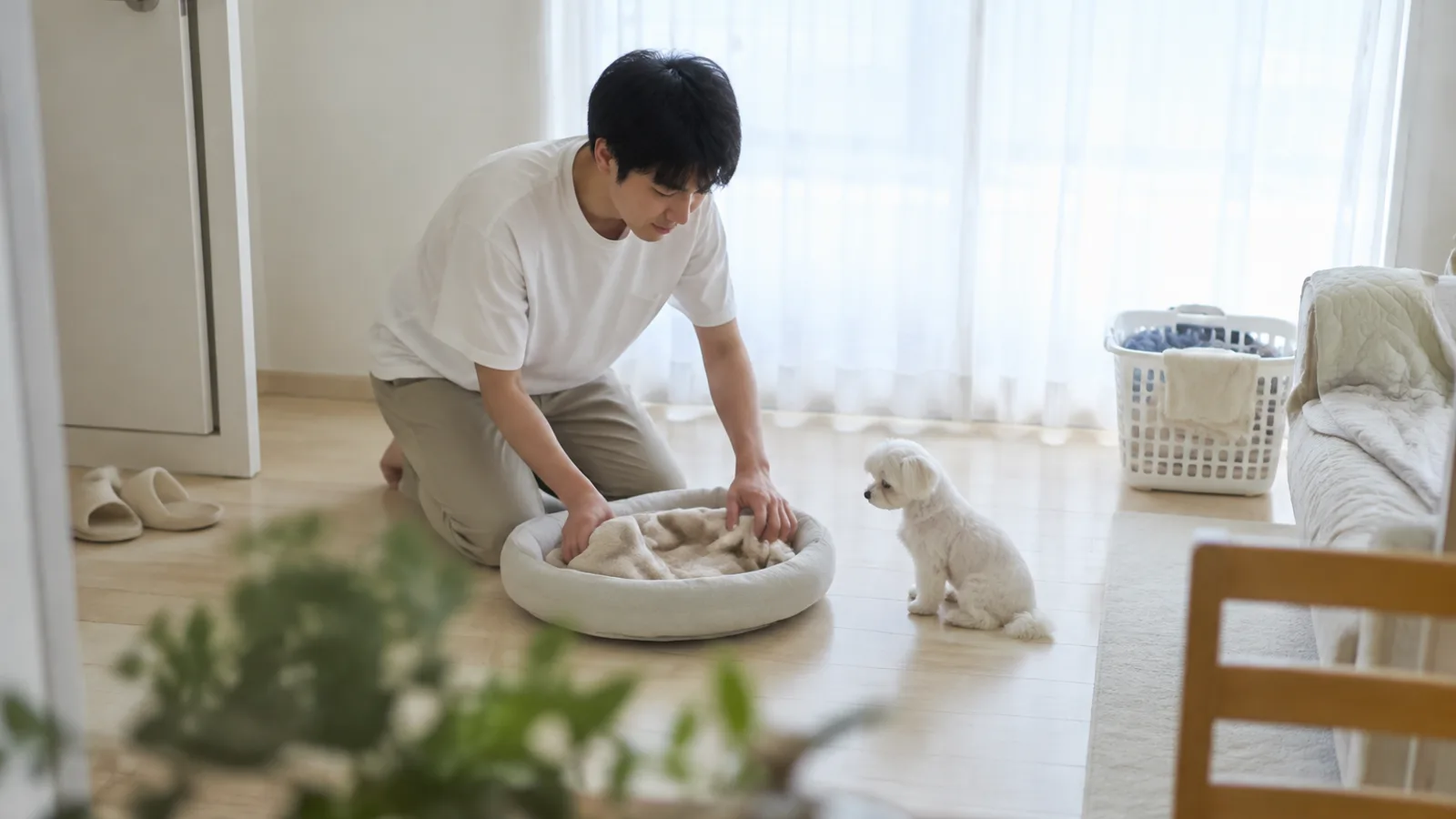 昼間の部屋で子犬用の寝床に使い慣れたタオルを敷き入れる男性と、横で見ている白いマルチーズの子犬