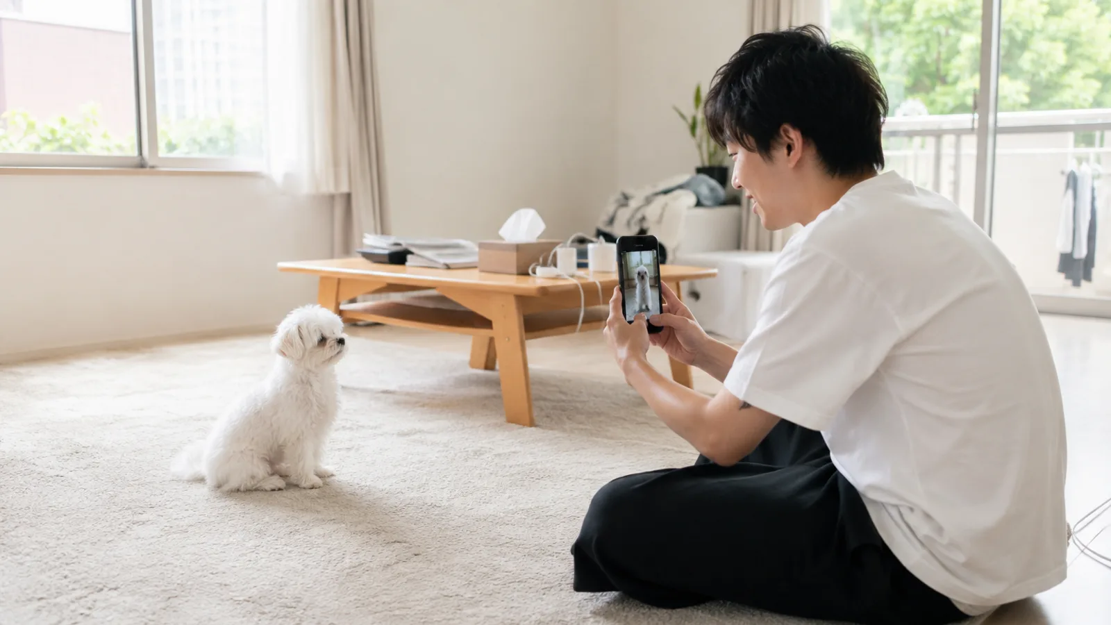 床に座ってスマートフォンで白いマルチーズの子犬を撮る男性。画面にも同じ子犬が写っている