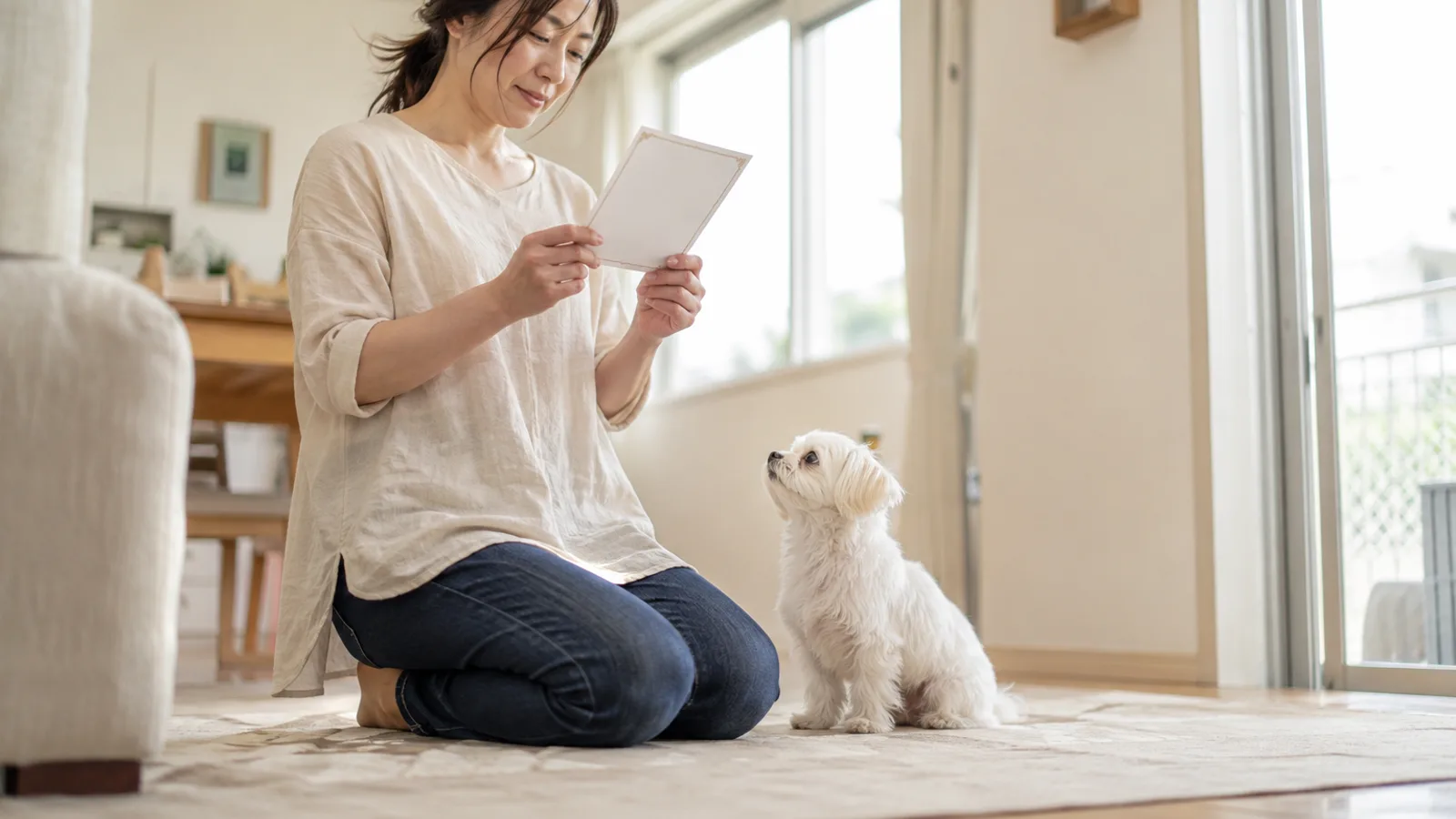 明るい部屋で無地の白い紙を両手で持つ女性と、それを見上げる白いマルチーズの子犬