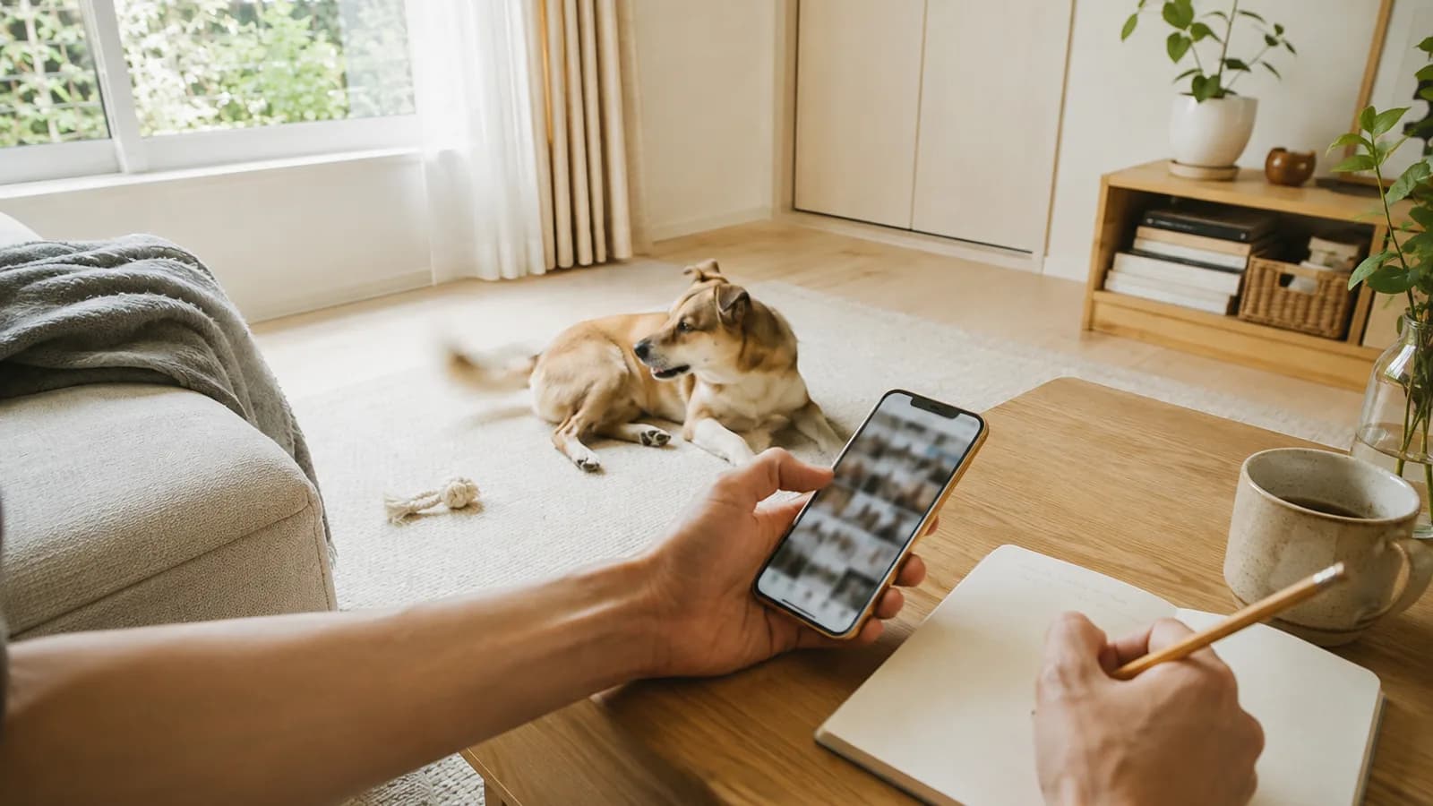 スマートフォンの写真一覧を見ながらノートに書き込む手元と、少し離れたラグに伏せる茶と白の中型犬