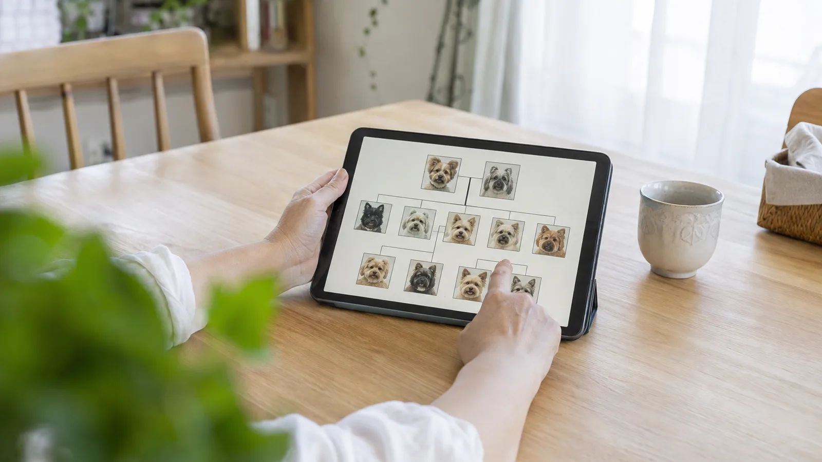 タブレットの画面に映った、犬の顔写真を線でつないだ家系の図に指を置く手元
