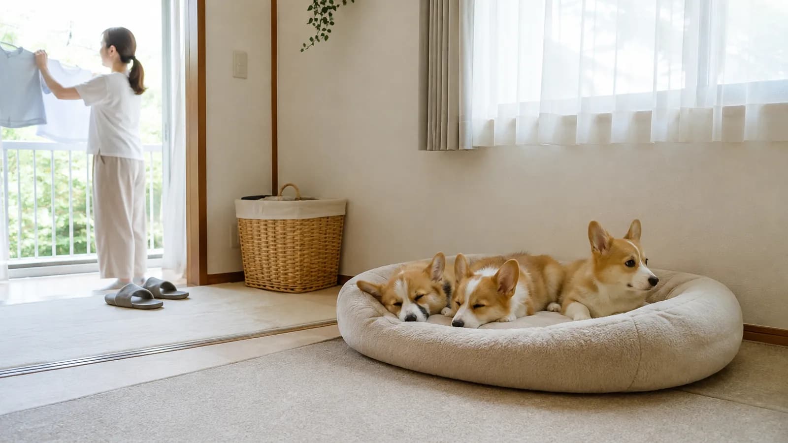大きな犬用ベッドで身を寄せ合う赤と白のコーギー3頭。2頭は眠り、1頭だけ目を開けている。奥のベランダで洗濯物を干す女性