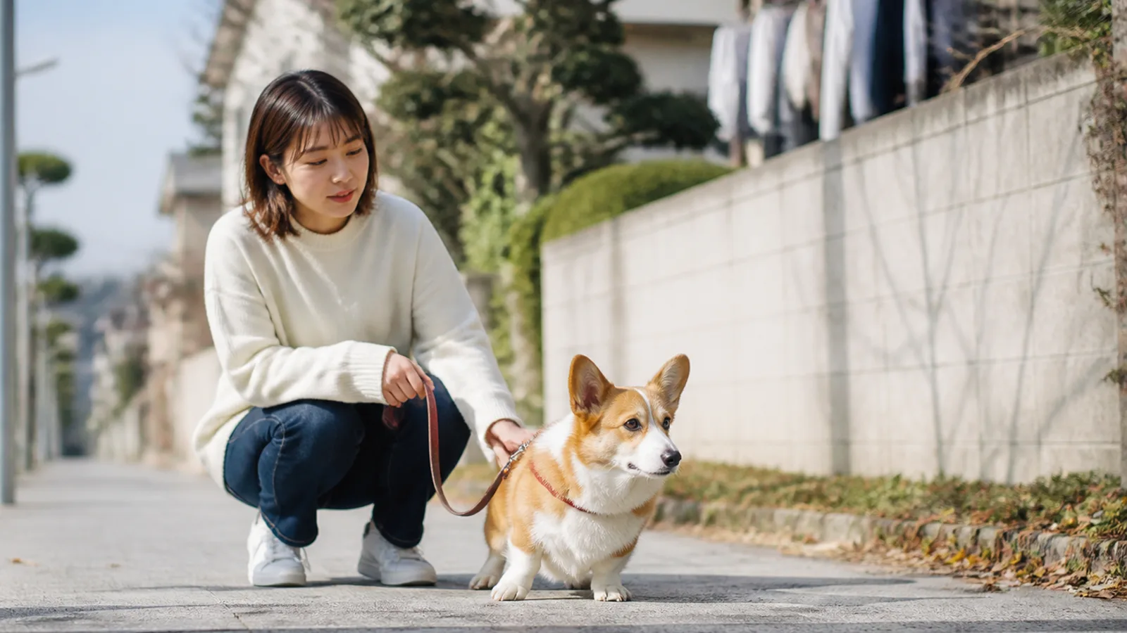 住宅街の歩道で立ち止まってあたりを見る若い赤と白のコーギーと、リードを持ってしゃがむ女性