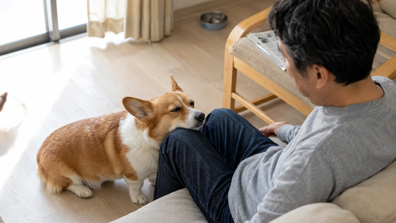 ソファに座る男性の膝に、床から自分で顎を乗せて目を細める赤と白のコーギー