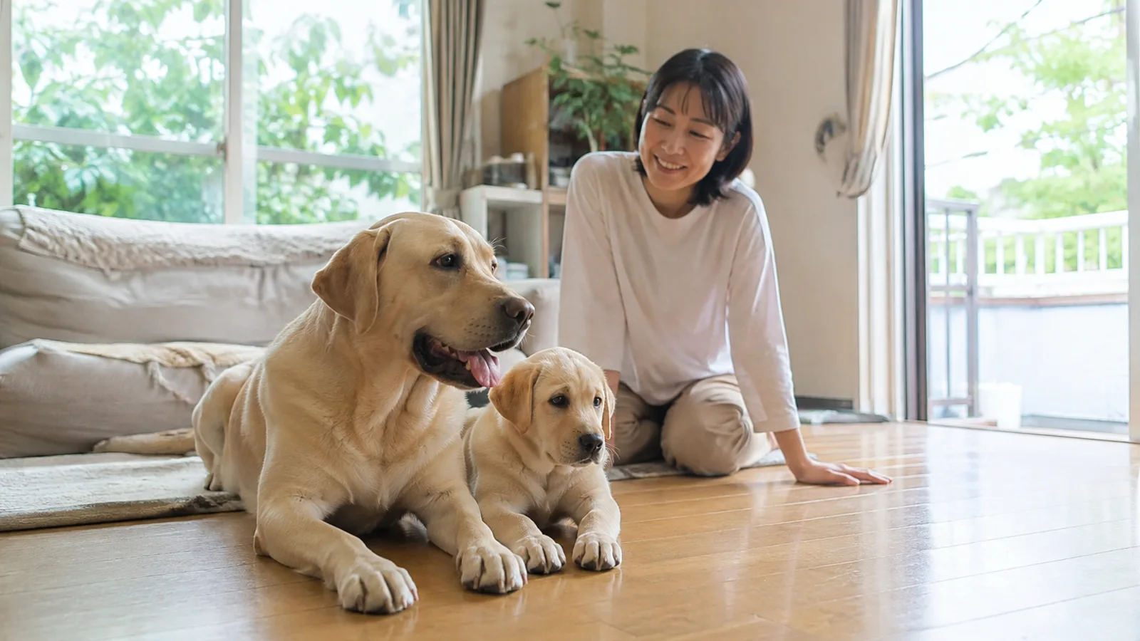 床に並んで伏せる、同じイエローの毛色の大人のラブラドールと生後4ヶ月ほどの子犬。後ろに膝をついた女性