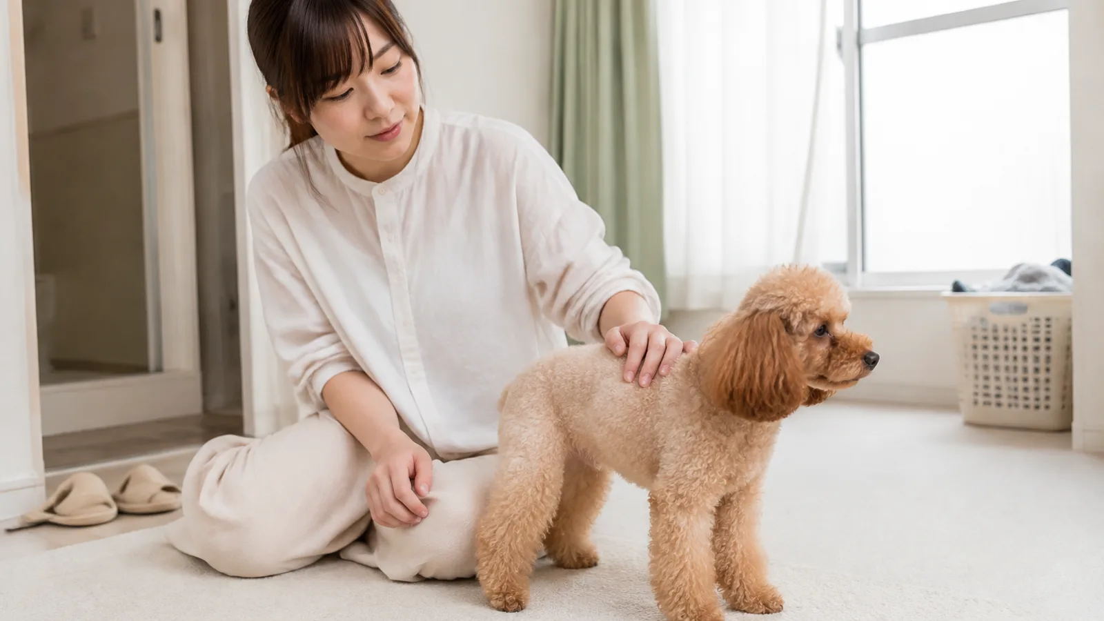 床に真横を向いて立つ若いアプリコットのトイ・プードル。顔と耳の毛色は濃い赤みがかった色で、背中と脚の毛は薄いクリーム色。そばに膝をついて背に手を置く女性