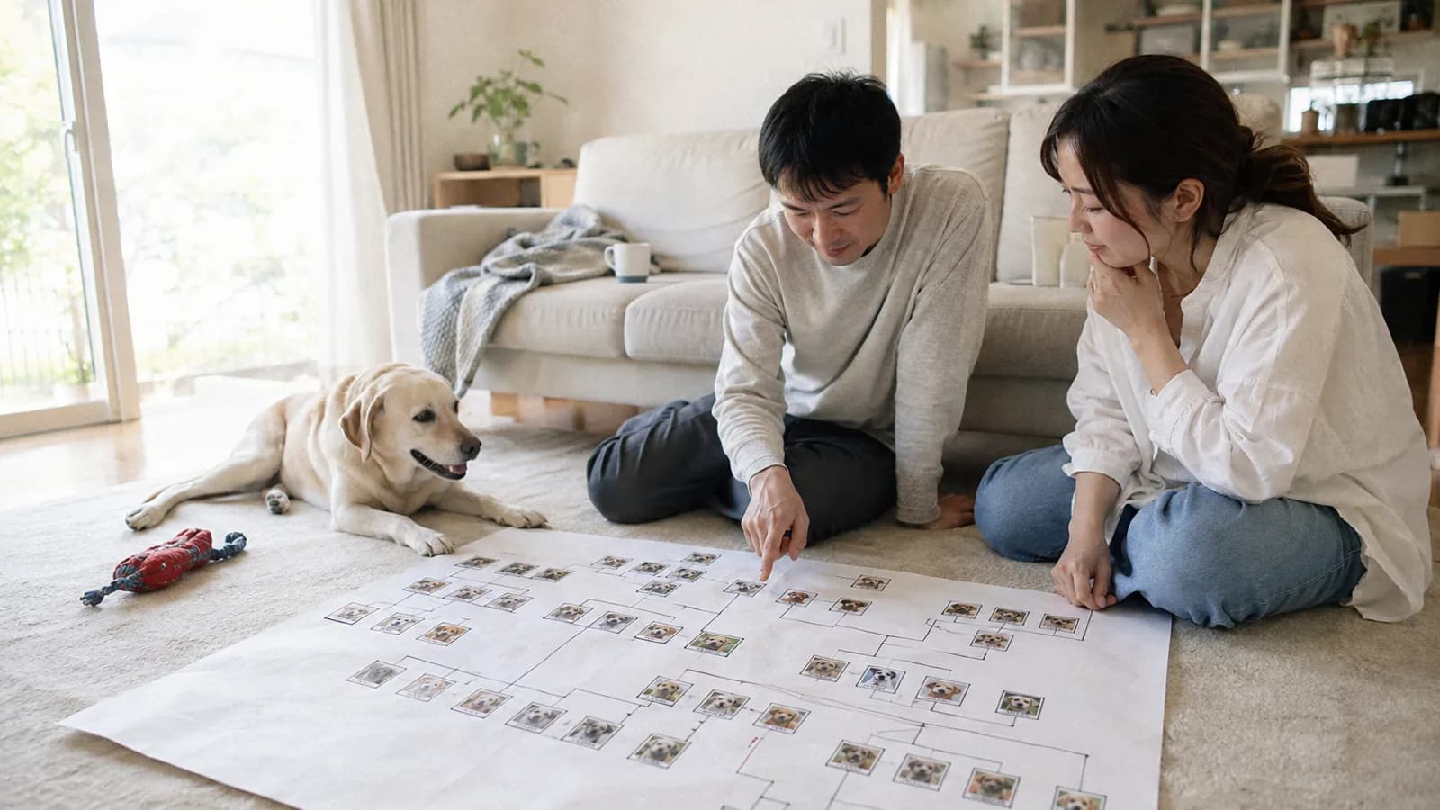 床に広げた手作りの家系の図を囲んで眺める男女と、そばに伏せるイエローのラブラドール。図の枠には犬の顔の写真が貼られている