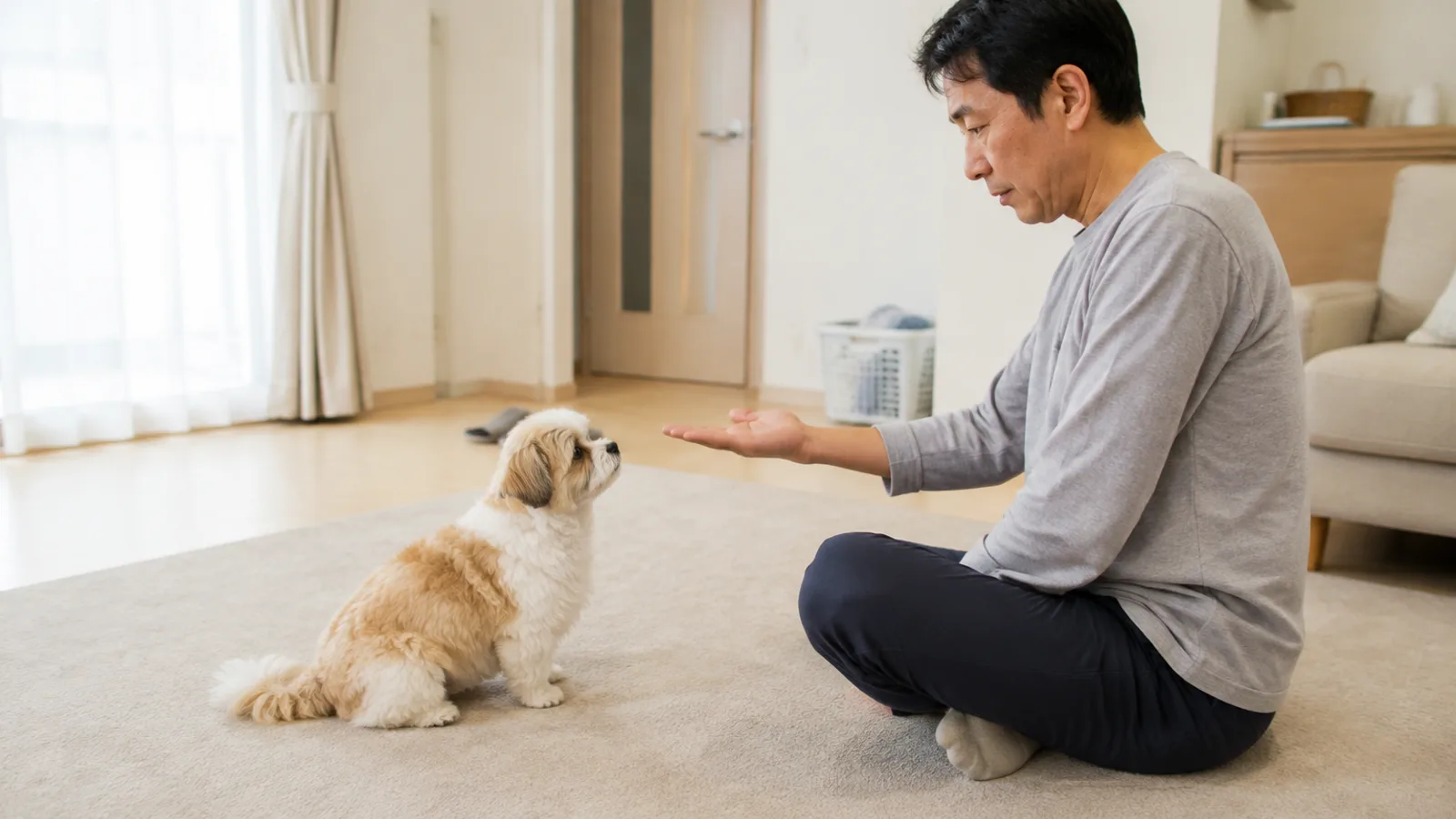 床に座って1頭のシーズーと正面から向き合い、手を差し出す男性