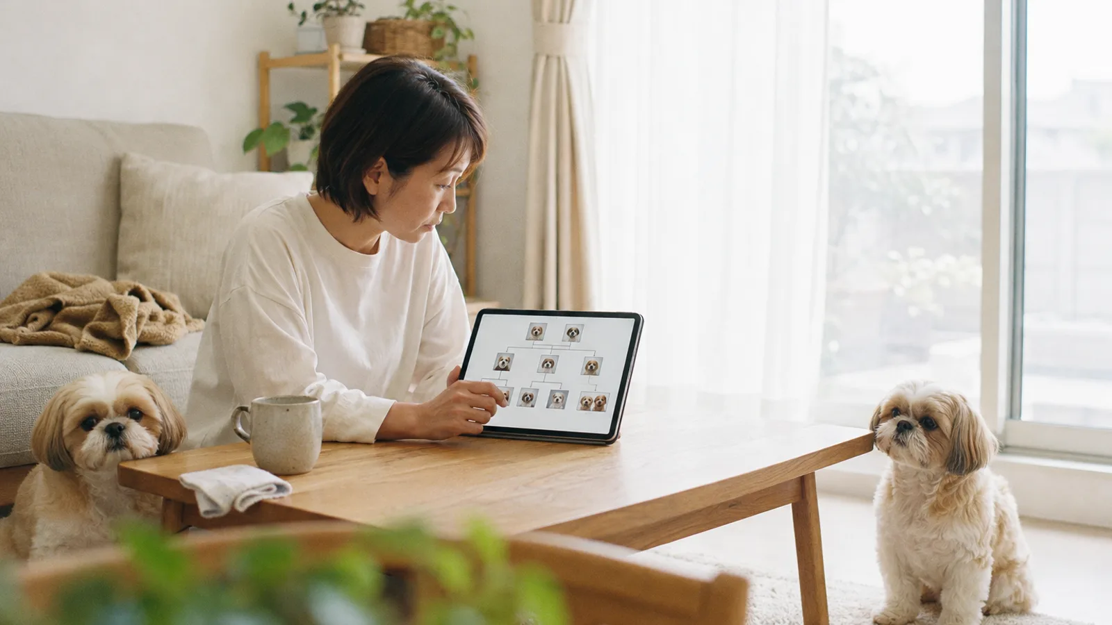 タブレットの画面で犬の顔写真を線でつないだ家系の図を見る女性と、その左右に座る同じ被毛のシーズー2頭