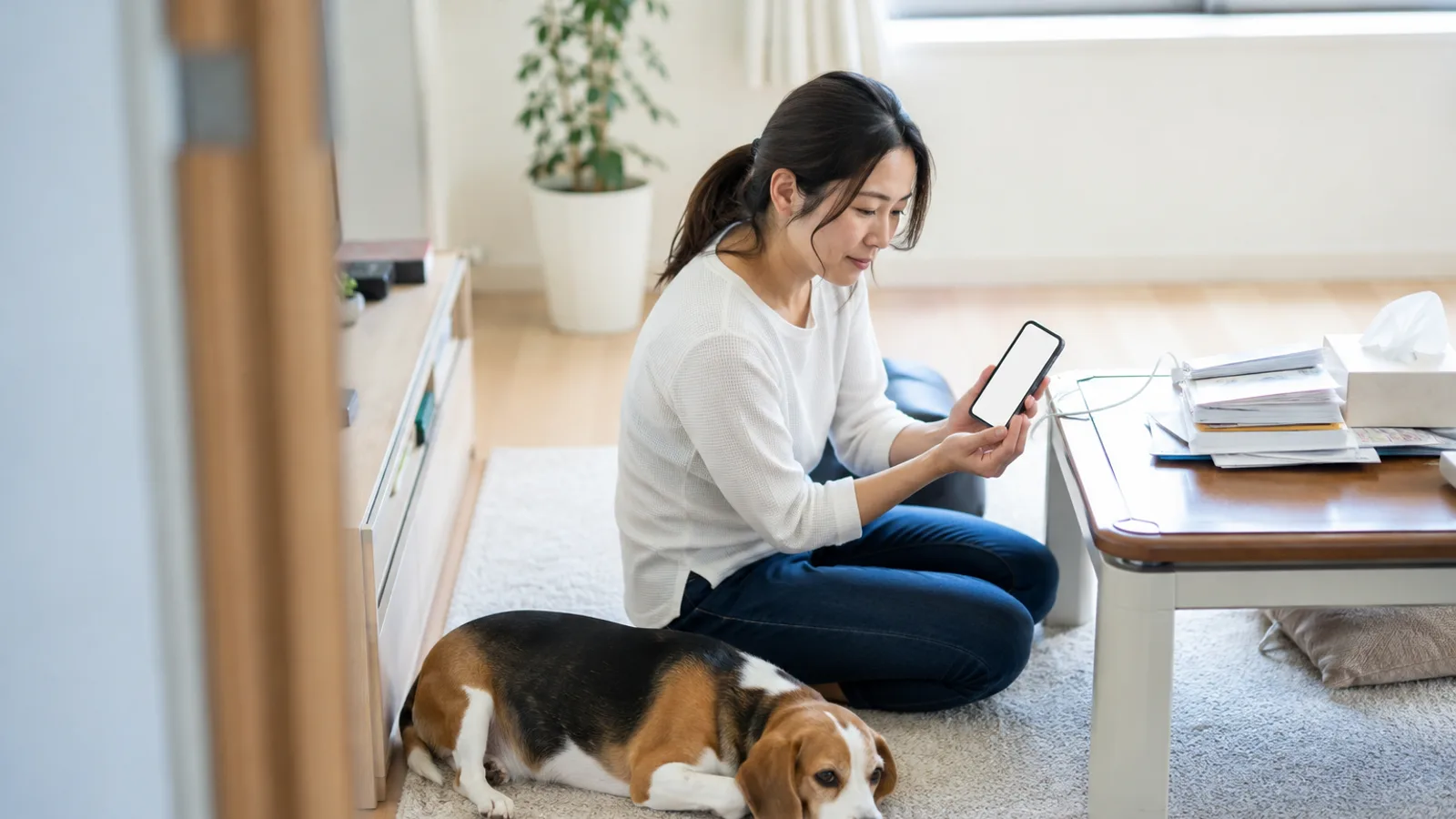 床に座って両手でスマホを持ち、画面を見ながら考えている女性と、そばの床に伏せる三色のビーグル