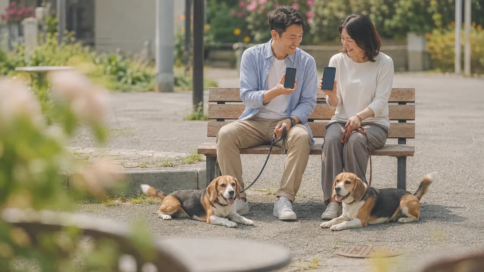 日なたの公園のベンチに並んで座り、それぞれのスマホの画面を見せ合う男性と女性、足元にリードでつながれて伏せる2頭の三色のビーグル