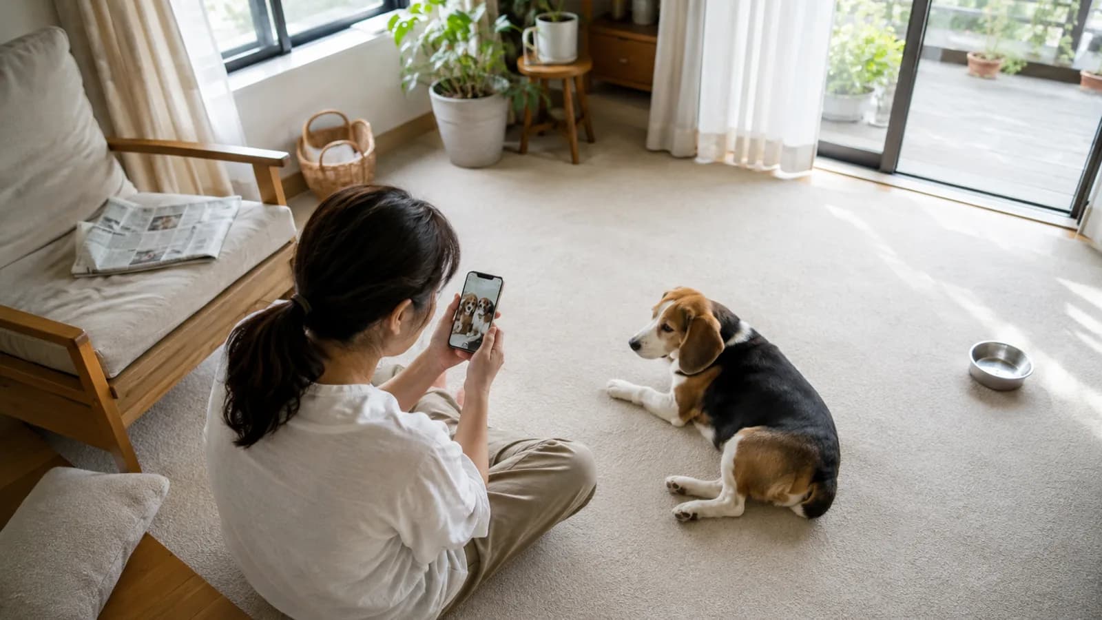 スマホの画面に映った、屋外で2頭の犬が並んで写った気取らない写真を見る女性と、そばの床に伏せる三色のビーグル