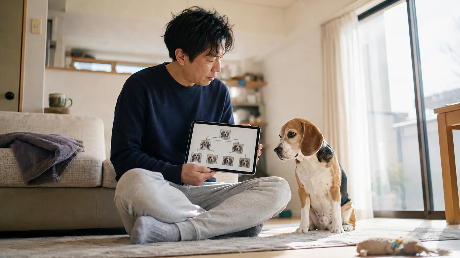 タブレットの画面に並ぶ犬の顔の写真を線でつないだ家系の図を見せる男性と、隣に座る三色のビーグル