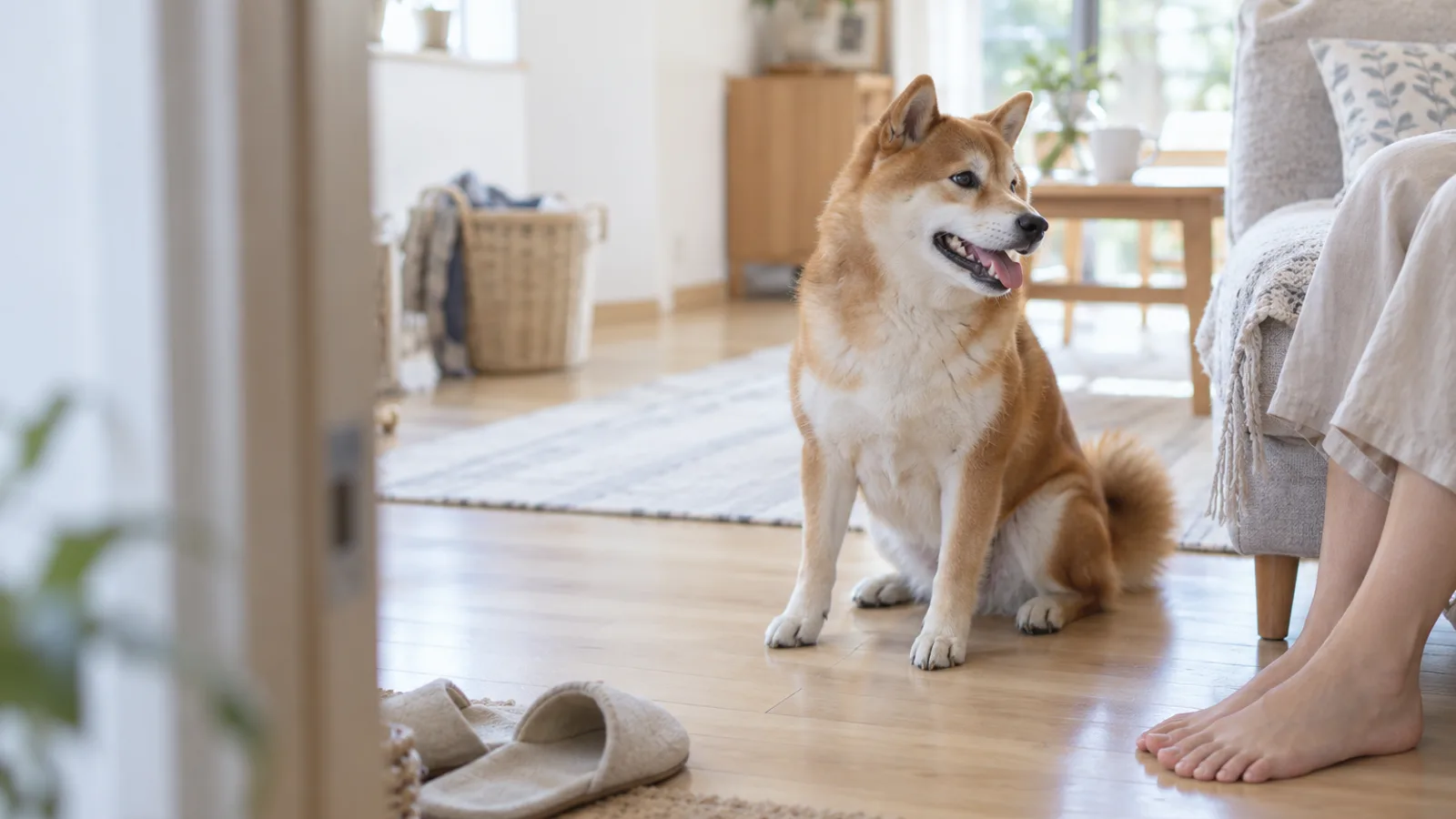 ソファのそばの床に座り、口を少し開けてくつろぐ柴犬。画面の端にソファに座る人の素足が見える