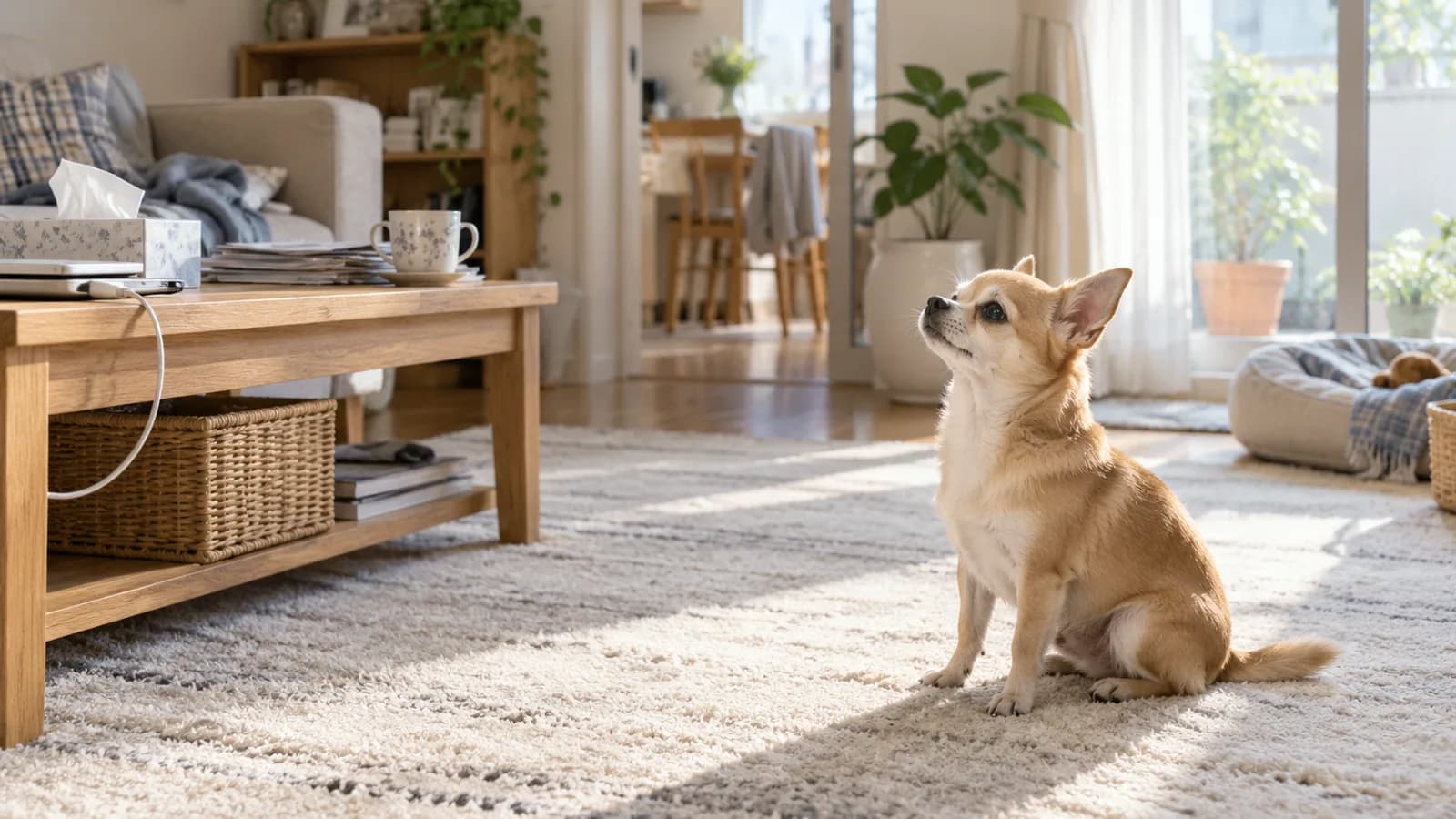 日の差す明るい居間のラグに座り、鼻先を少し上げて上のほうを見る小型犬