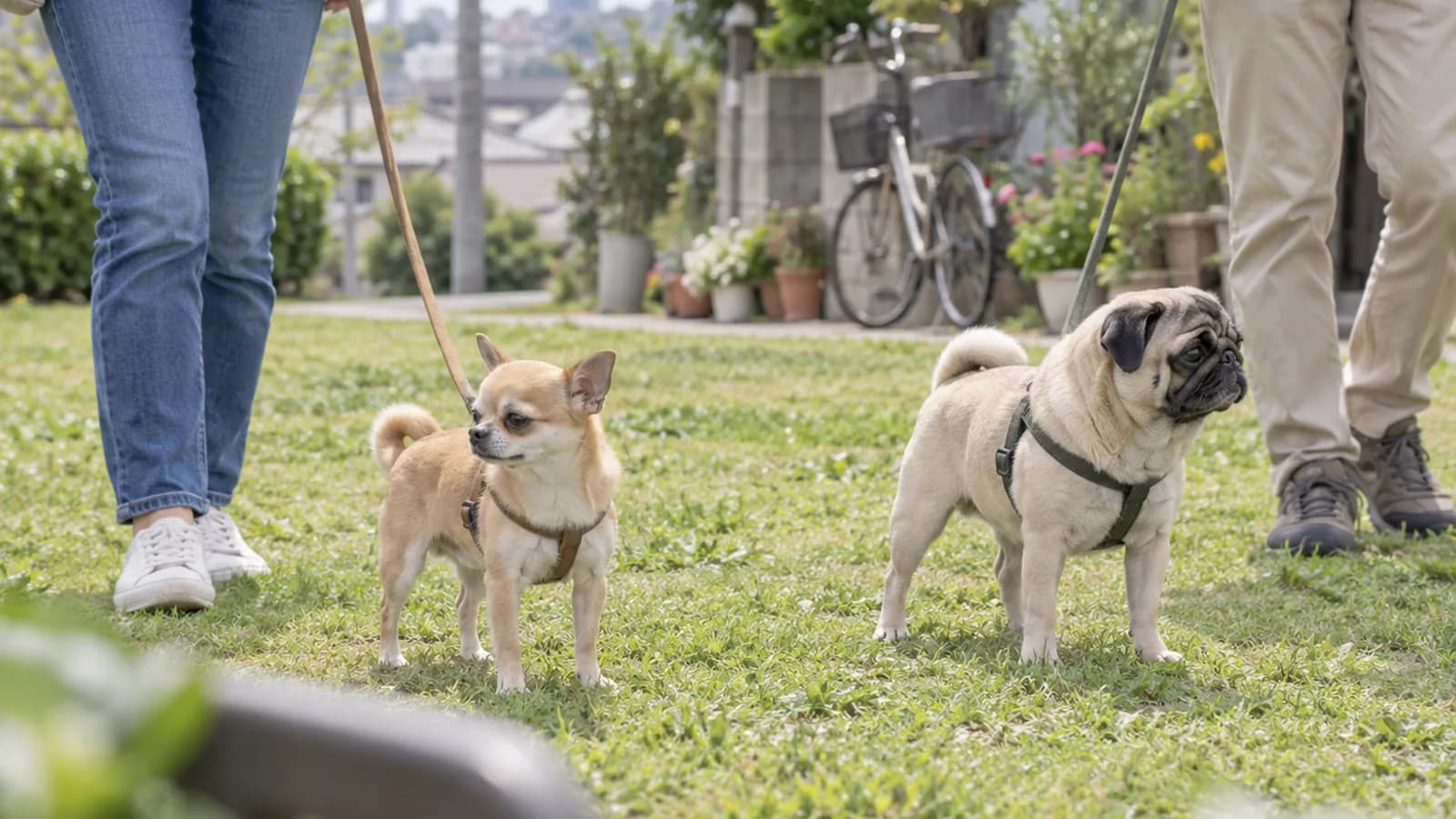 明るい昼の公園の芝生に、ハーネスとリードをつけて並んで立つチワワとパグ。リードを持つ飼い主2人の腰から下が写っている
