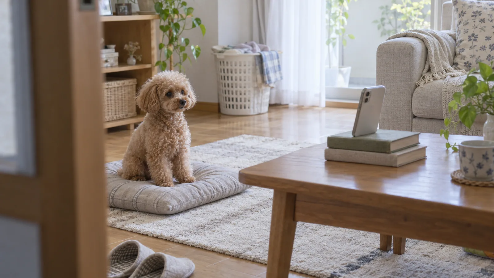 ローテーブルに立てかけたスマートフォンの先で、クッションに座る小型犬。スマートフォンの背面がこちらを向いている