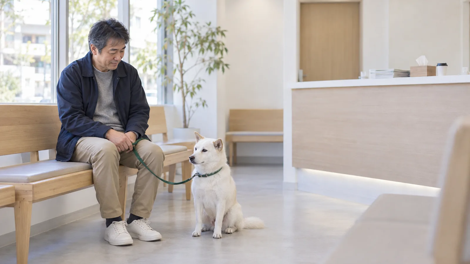 動物病院の待合で、飼い主の足もとに座って待つ白い犬