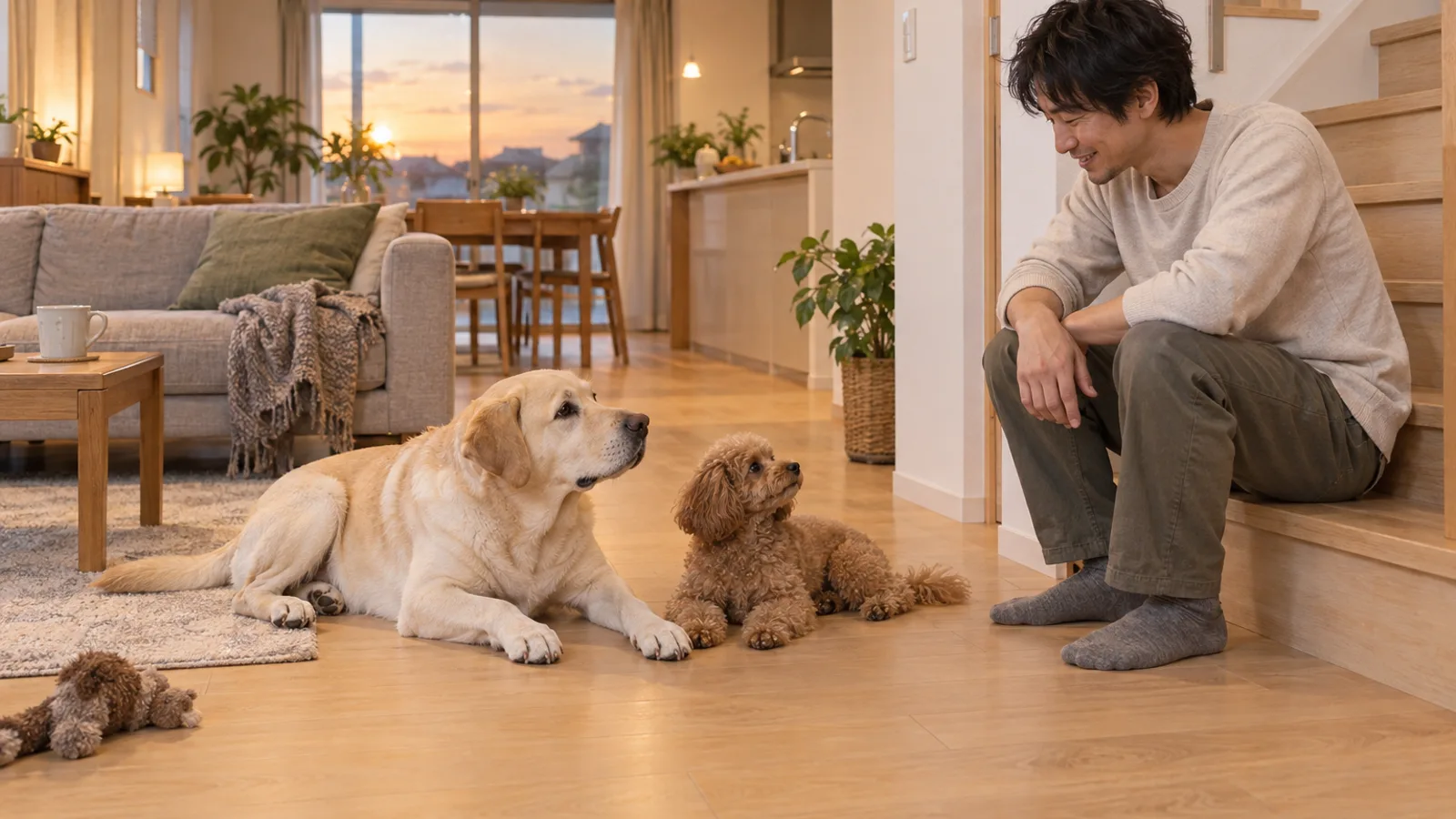 階段の下に腰かける飼い主のそばで、並んで伏せる大きな犬と小さな犬