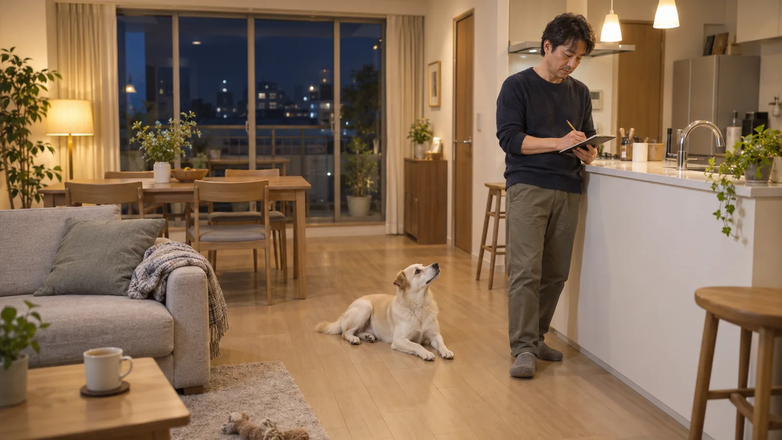 キッチンでノートに書き込む男性と、足もとで伏せる犬