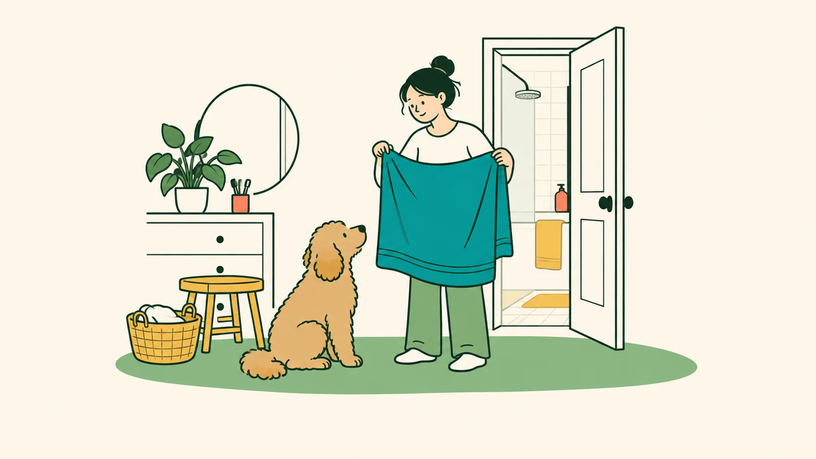 イラスト:明るい脱衣所で、女性がバスタオルを広げ、足元でふわふわの毛の中型犬がシャワー室の前で待っている