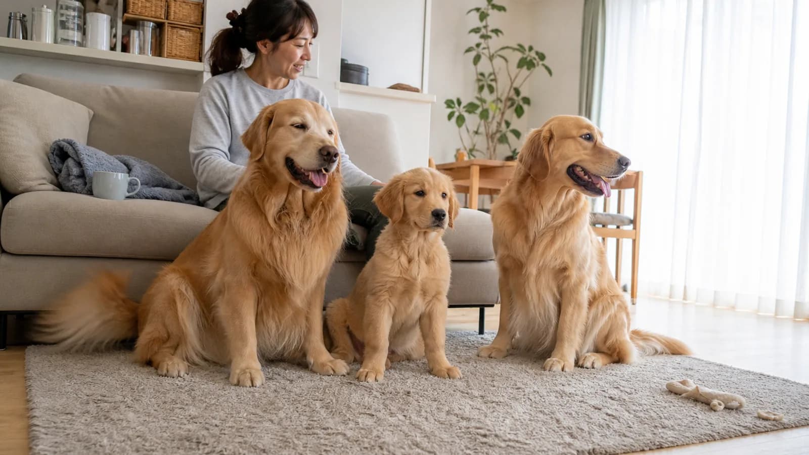 ラグに座るゴールデン・レトリーバーの成犬2頭と、そのあいだに座る子犬。後ろのソファに女性