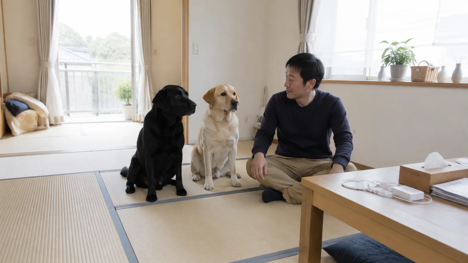 床に並んで座る黒とイエローのラブラドール・レトリーバー2頭と、そばに座る男性