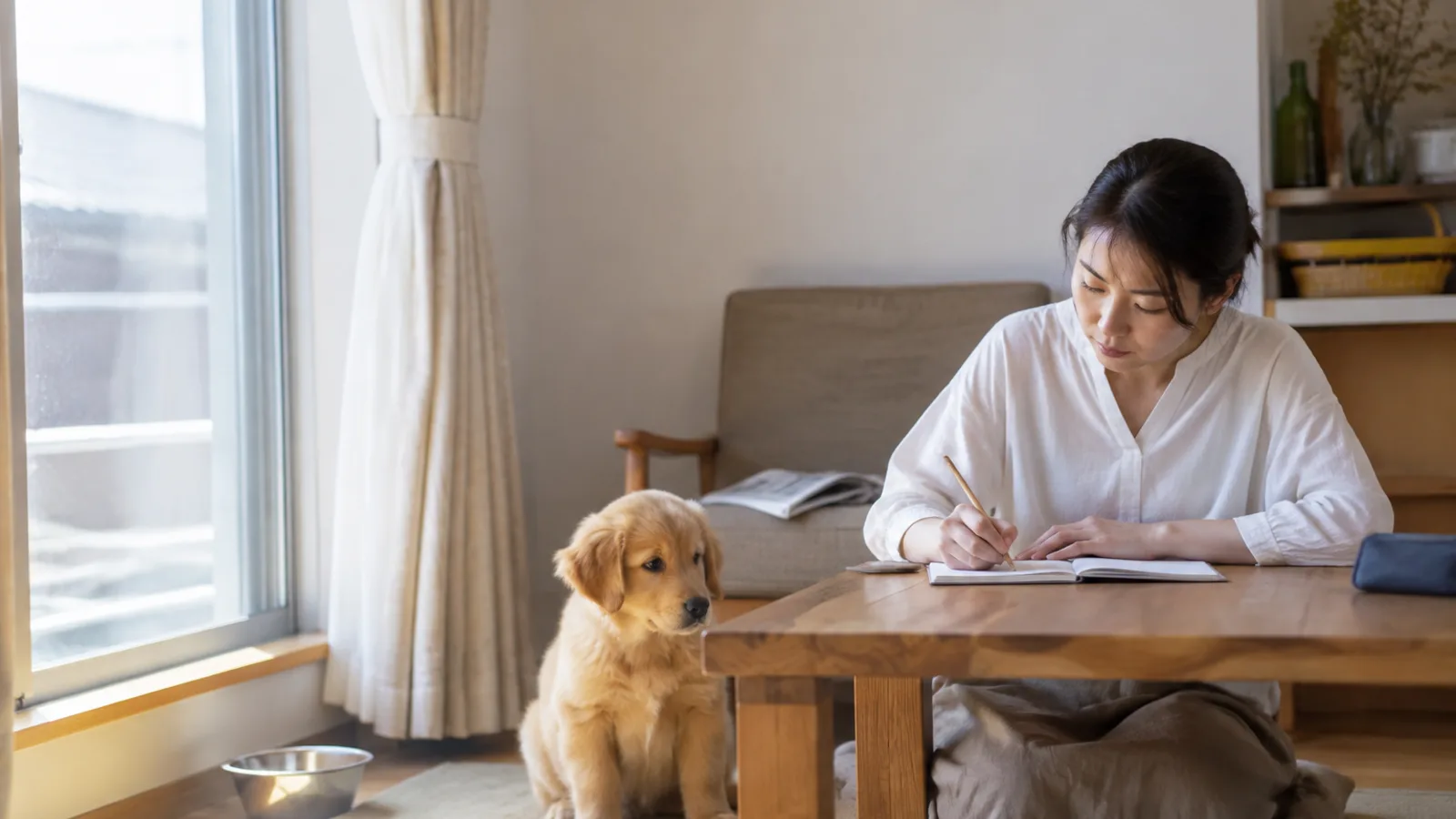 ローテーブルでノートに鉛筆で書き込む女性と、そばに座るゴールデン・レトリーバーの子犬