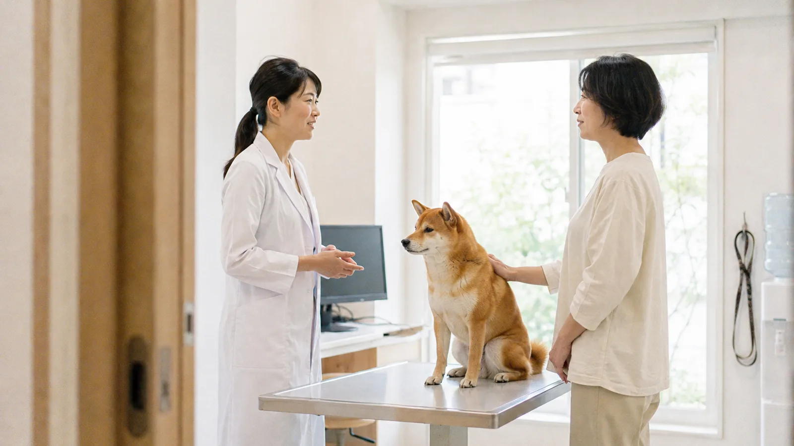 診察台に座る赤毛の柴犬の背に手を添えた女性と、向かい合って話す獣医師