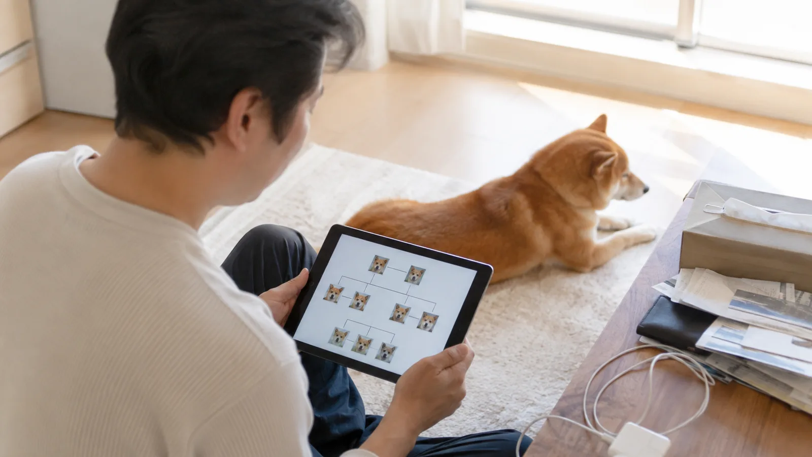 タブレットの画面に並ぶ犬の顔写真を線でつないだ家系の図を見る男性と、隣に伏せる赤毛の柴犬