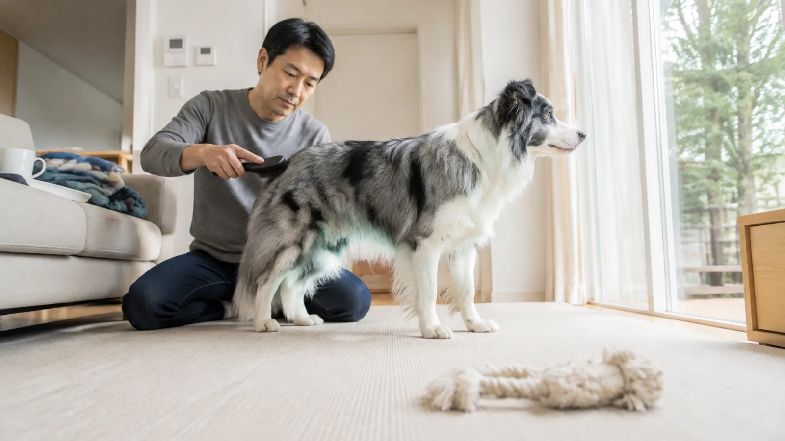 灰色と黒の大理石模様のブルーマールのボーダー・コリーを立たせて背中をブラシでとかす男性