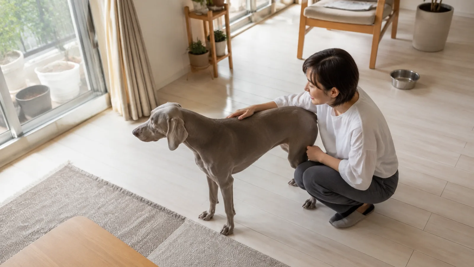 銀灰色の短毛のワイマラナーの背中に手のひらを沿わせてしゃがむ女性