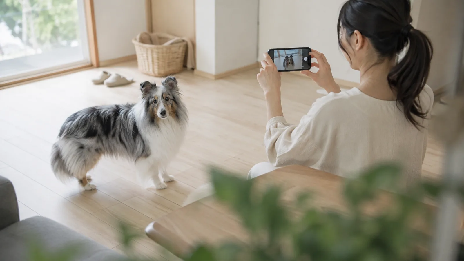 スマートフォンを横向きに構えて、振り向くブルーマールのシェットランド・シープドッグを動画で撮る女性