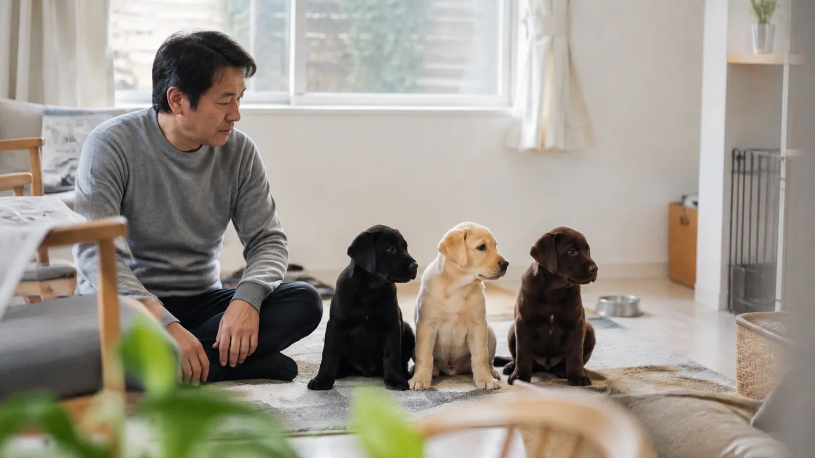 ラグに並んで座る黒・イエロー・チョコレートのラブラドール・レトリーバーの子犬3頭と、そばに座る男性