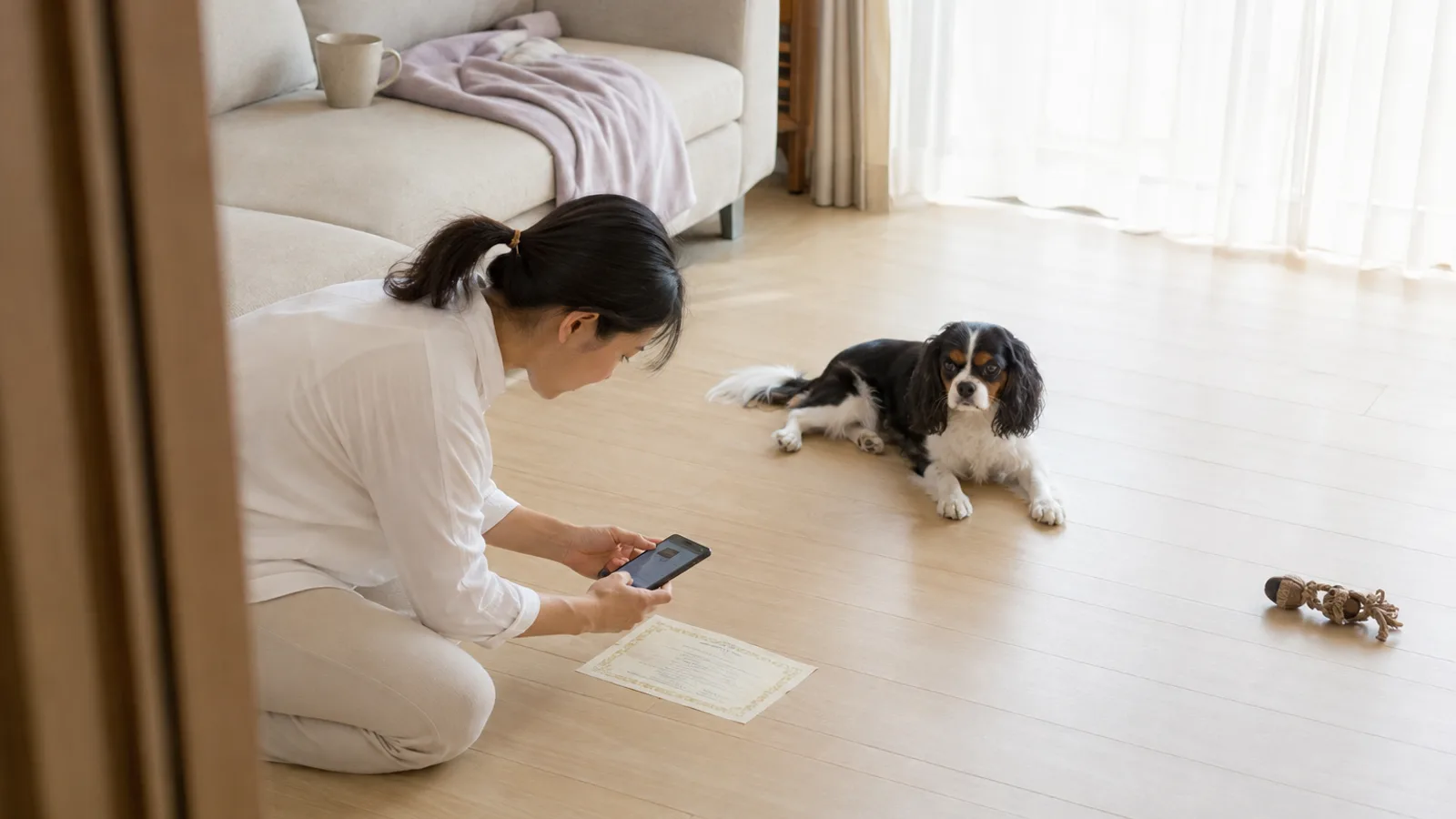 床に置いた血統書にスマートフォンのカメラを真上から向けて撮る女性と、隣に伏せるトライカラーのキャバリア