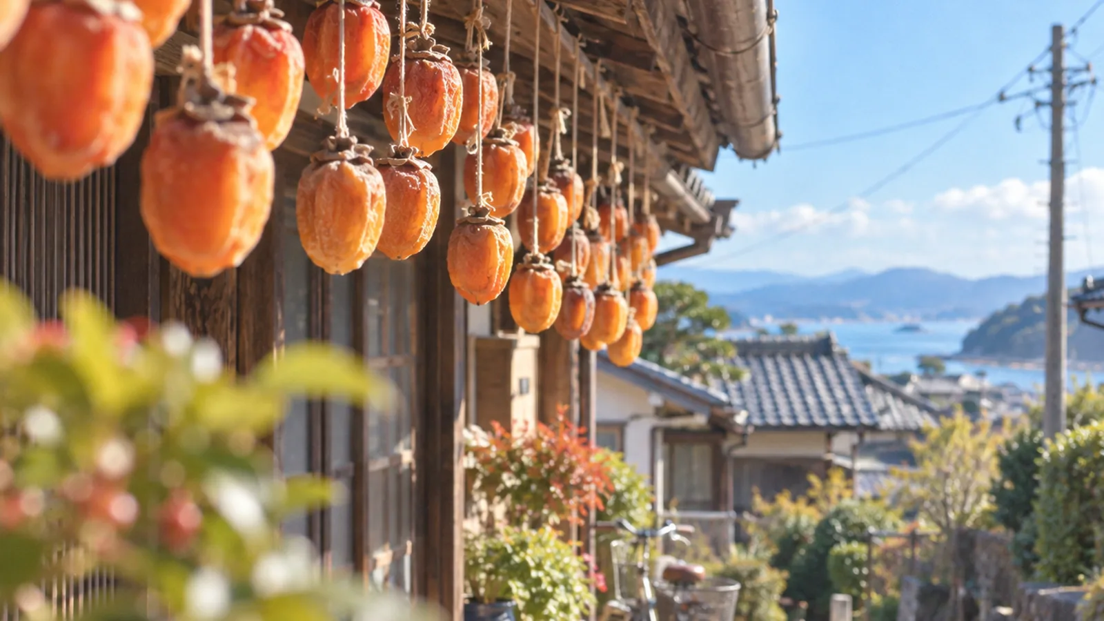 軒下に吊るされた干し柿の列と青空