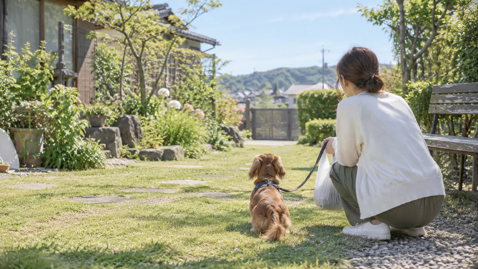 庭の芝生で、リードを持つ飼い主の横に並んで座るミニチュア・ダックスフンドの後ろ姿