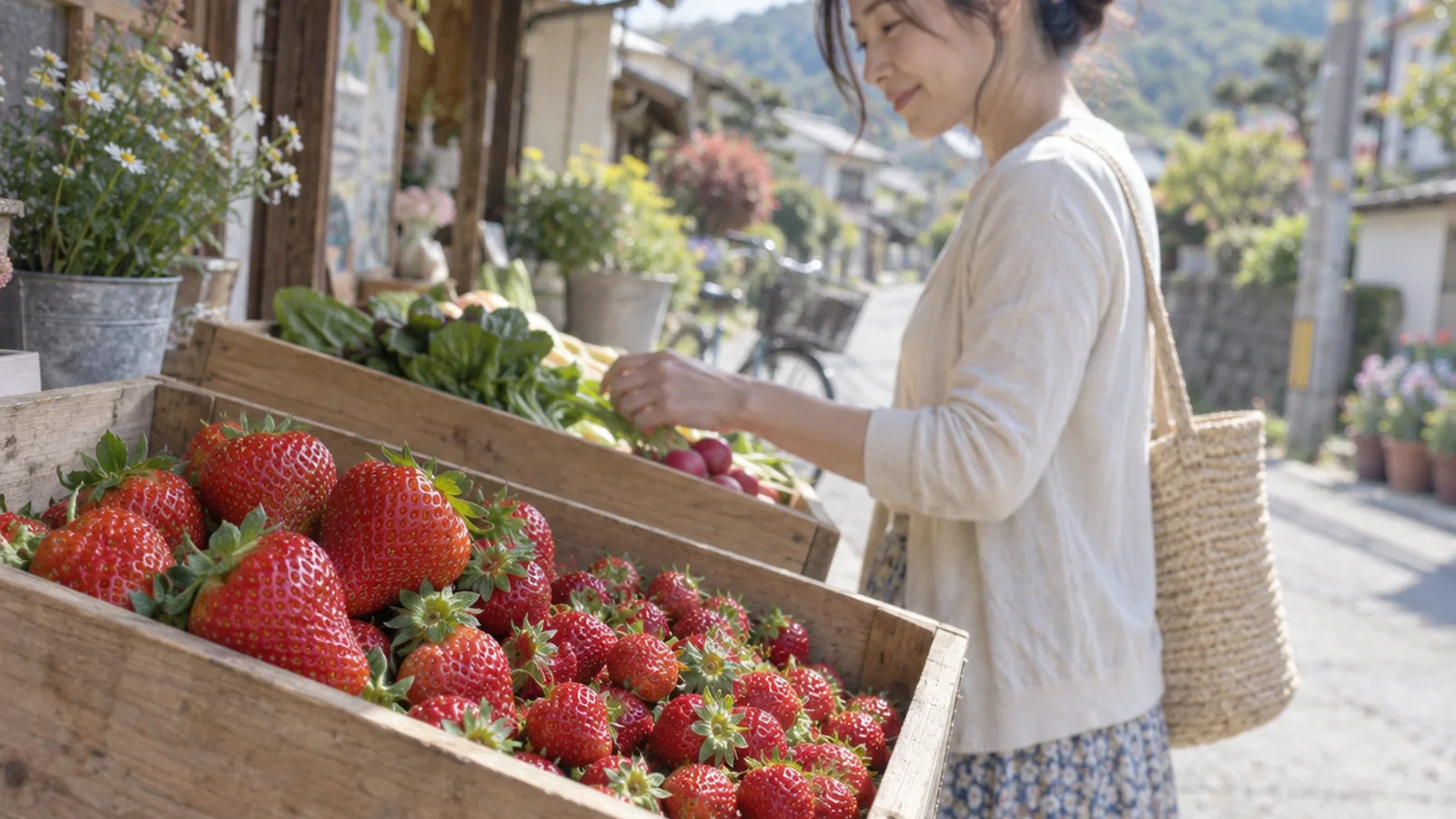 直売所の木箱に並ぶ、大きさの違ういちご