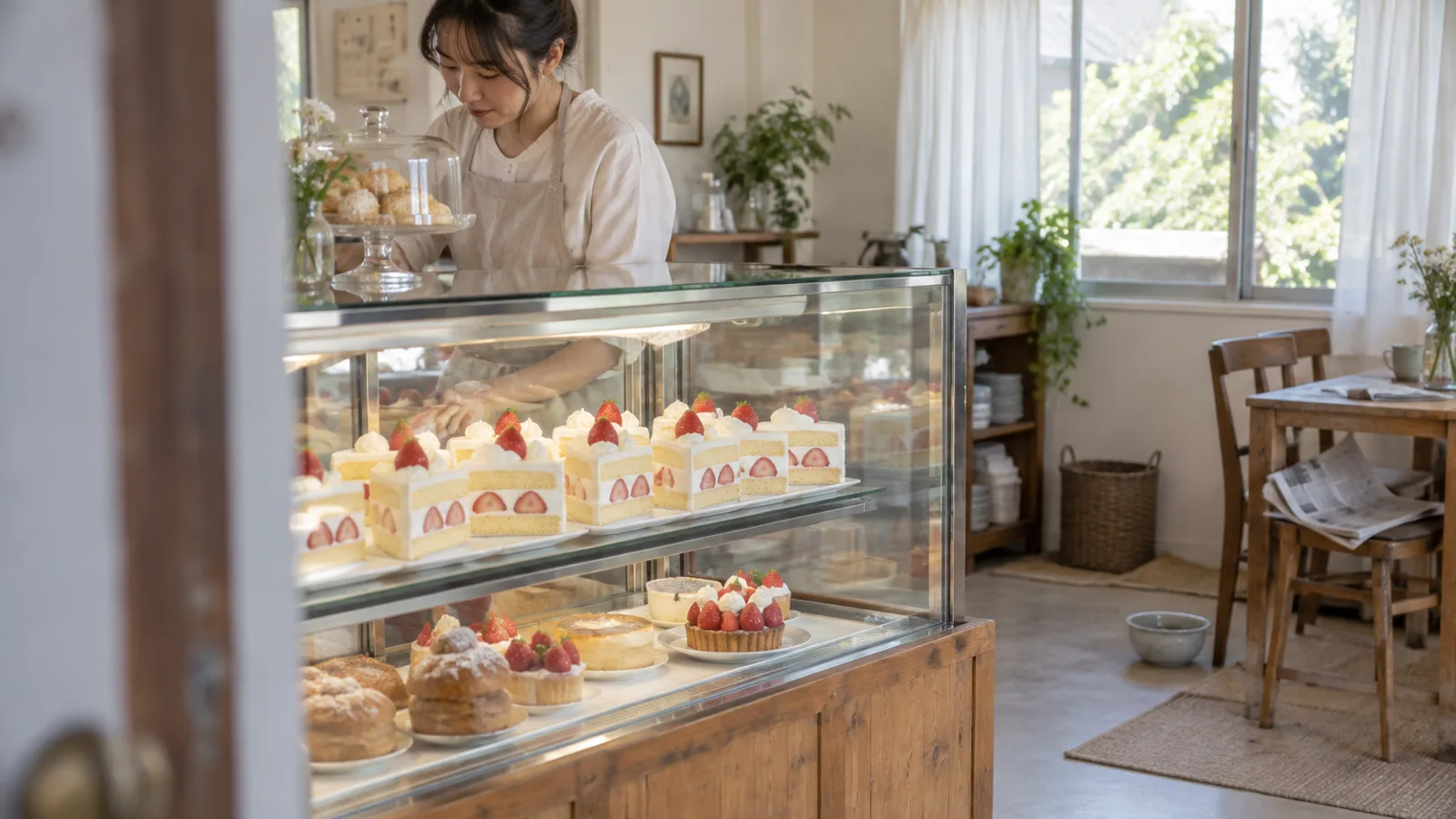 ケーキ屋のショーケースに並ぶいちごのショートケーキ