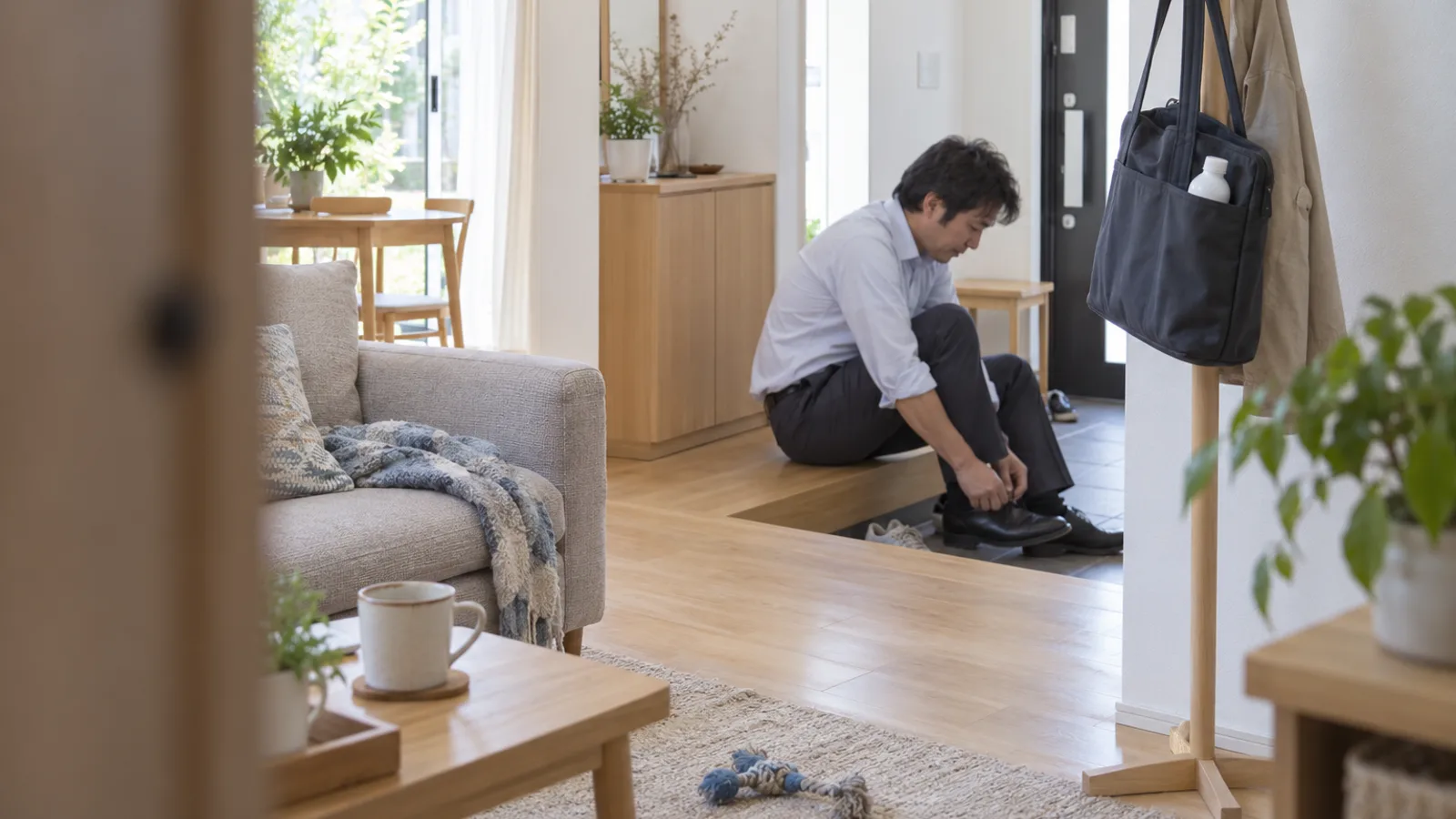 玄関のコートハンガーに掛けたバッグのポケットからのぞくラベルの無い白いボトルと、靴をはく飼い主