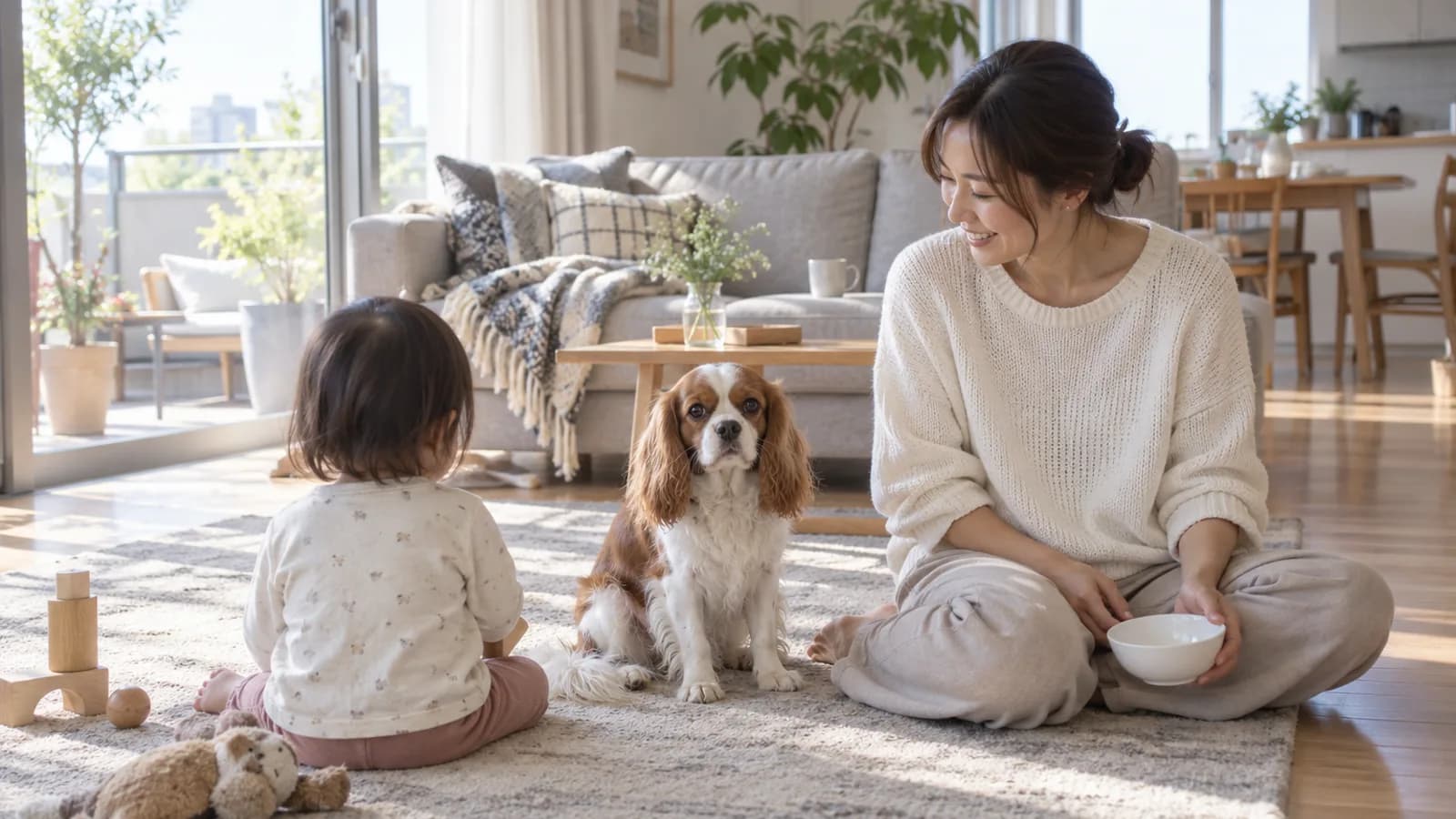 リビングの床で、大人と子ども(後ろ姿)の間に座るキャバリアと、大人の手の小さな器