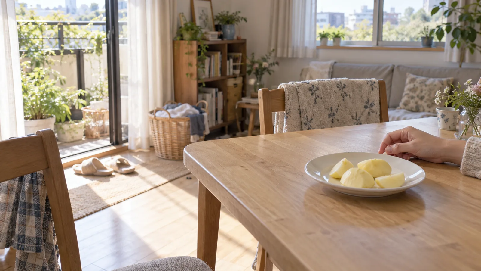 食卓の白い皿に盛られた、皮をむいた一口大のりんごと、皿のそばに添えられた飼い主の手