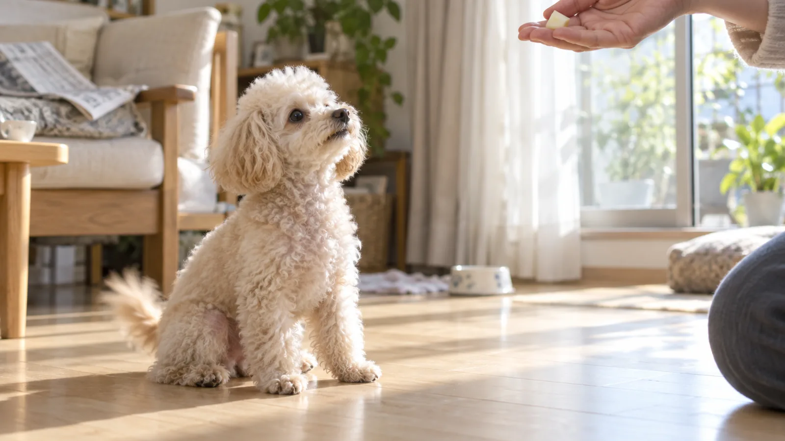 明るい部屋の床に座り、画面の右上で飼い主が手のひらにのせて差し出すおやつの小さな一切れのほうを見上げるトイプードル
