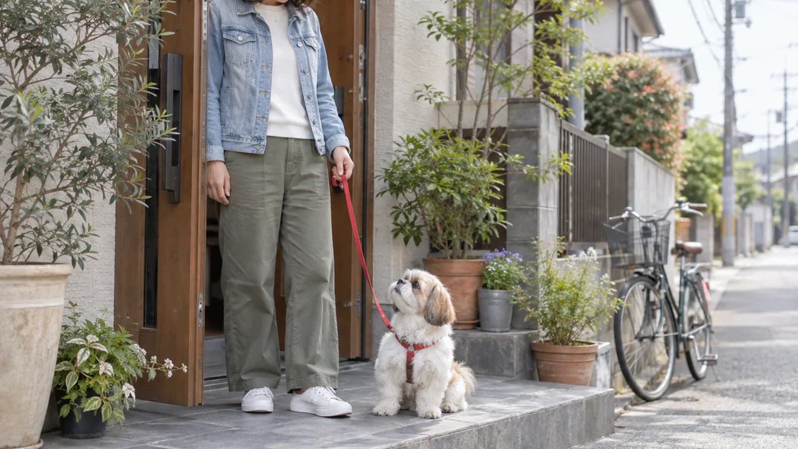 家の玄関先の石の段で、リードを持つ飼い主の前に座って顔を見上げる小型犬