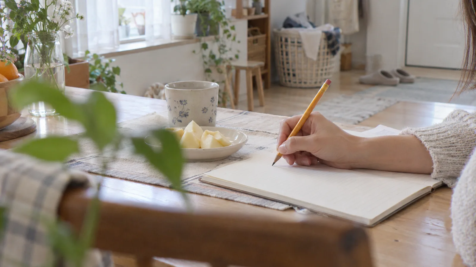 テーブルの上の手帳に鉛筆で書き込む手元と、皮をむいたりんごが少し入った小皿