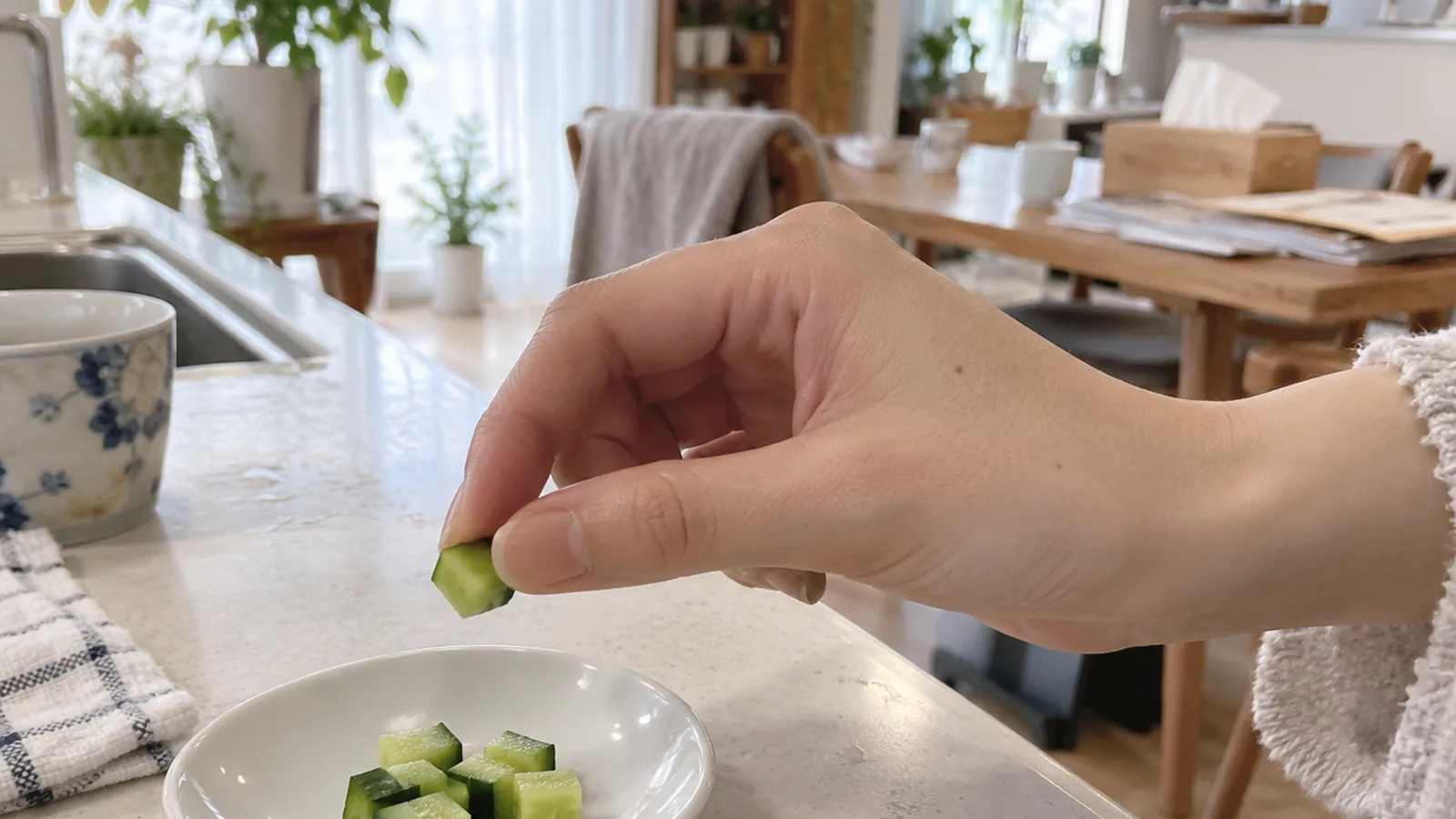 小さな白い小皿の上で、小さな角切りのきゅうりを指でつまむ手元