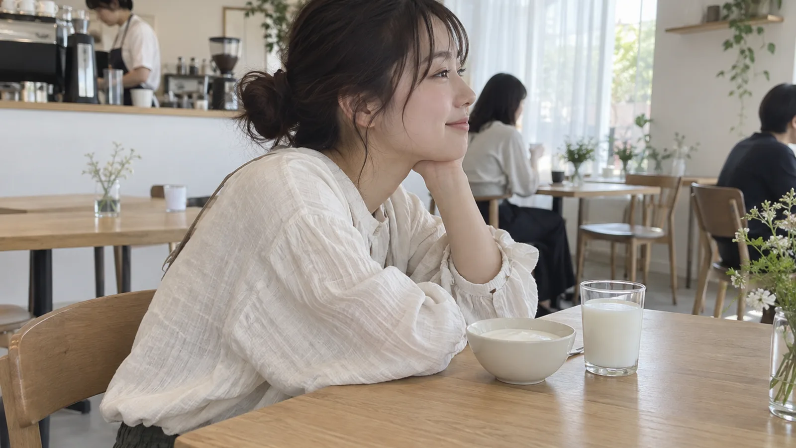 カフェのテーブルに並んだ、器のヨーグルトとグラスの牛乳